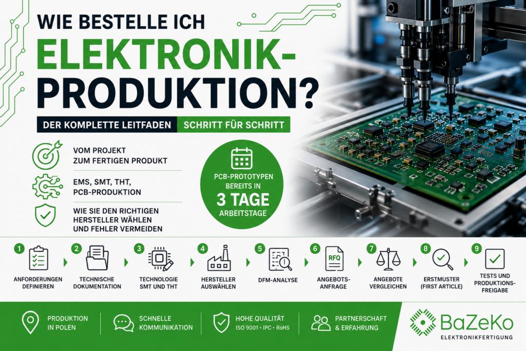 Infografik zur Elektronikfertigung – EMS-, SMT- und THT-Produktion Schritt für Schritt mit Auswahl des richtigen Elektronikherstellers