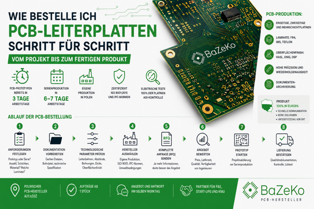 Infografik zur PCB-Produktion – Schritt-für-Schritt-Anleitung zur Bestellung von Leiterplatten, Prototypen, Gerber-Dateien und Auswahl eines PCB-Herstellers