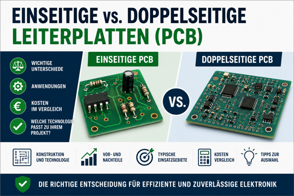 Vergleich von einseitigen und doppelseitigen Leiterplatten (PCB) – Infografik mit Unterschieden, Vorteilen, Kosten und typischen Anwendungen