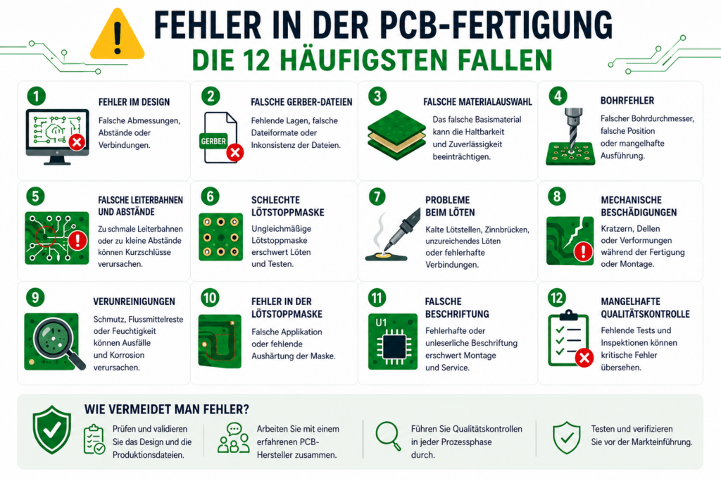 Infografik zu den 12 häufigsten Fehlern in der PCB-Fertigung mit Beispielen für Designfehler, Gerber-Dateien, Lötprobleme, Bohrfehler und Qualitätskontrolle