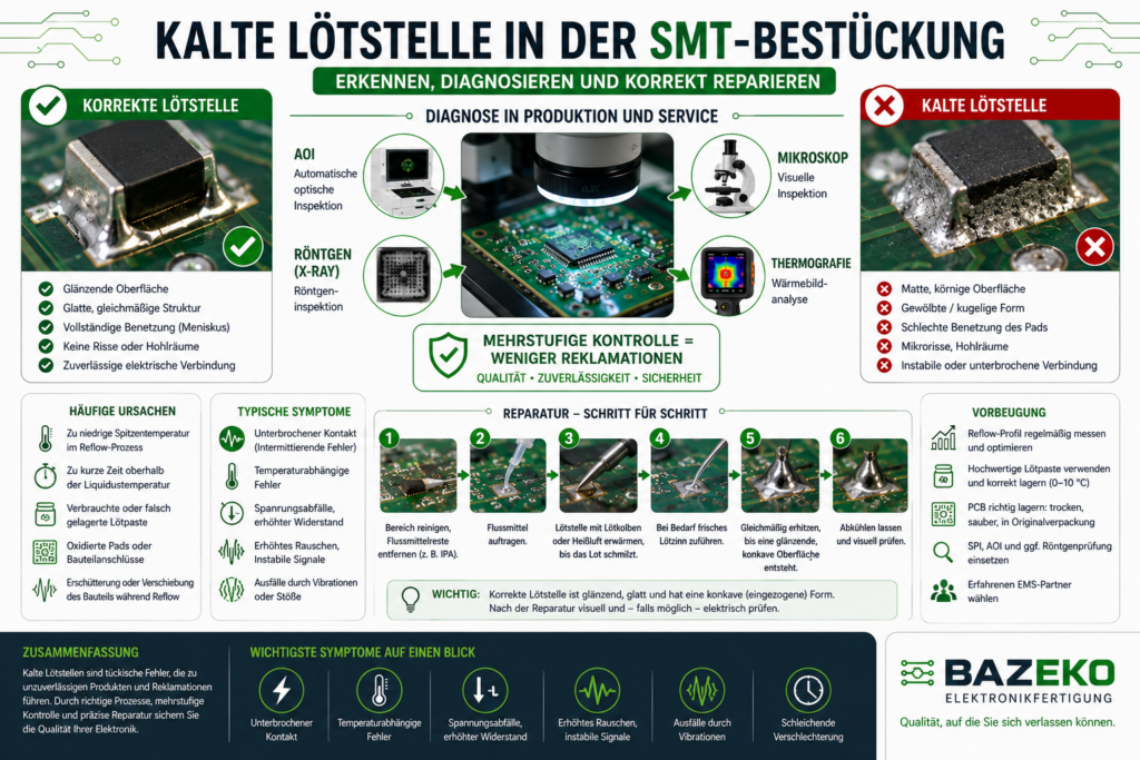 Infografik über kalte Lötstellen in der SMT-Bestückung mit Vergleich zwischen korrekter und fehlerhafter Lötverbindung, Diagnosemethoden (AOI, Röntgen, Mikroskop, Thermografie), Reparaturprozess sowie Maßnahmen zur Vermeidung von Lötfehlern in der Elektronikfertigung.