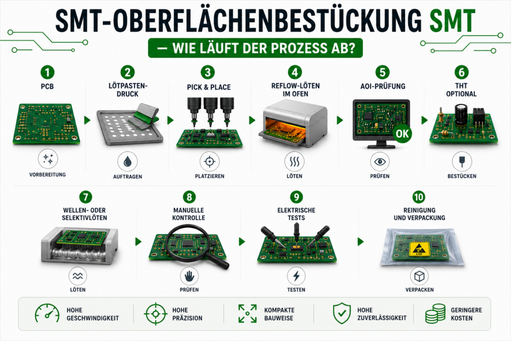 Infografik zum SMT-Bestückungsprozess mit den Schritten Lotpastendruck, Pick-and-Place, Reflow-Löten, AOI-Kontrolle, elektrische Tests und Verpackung von Leiterplatten