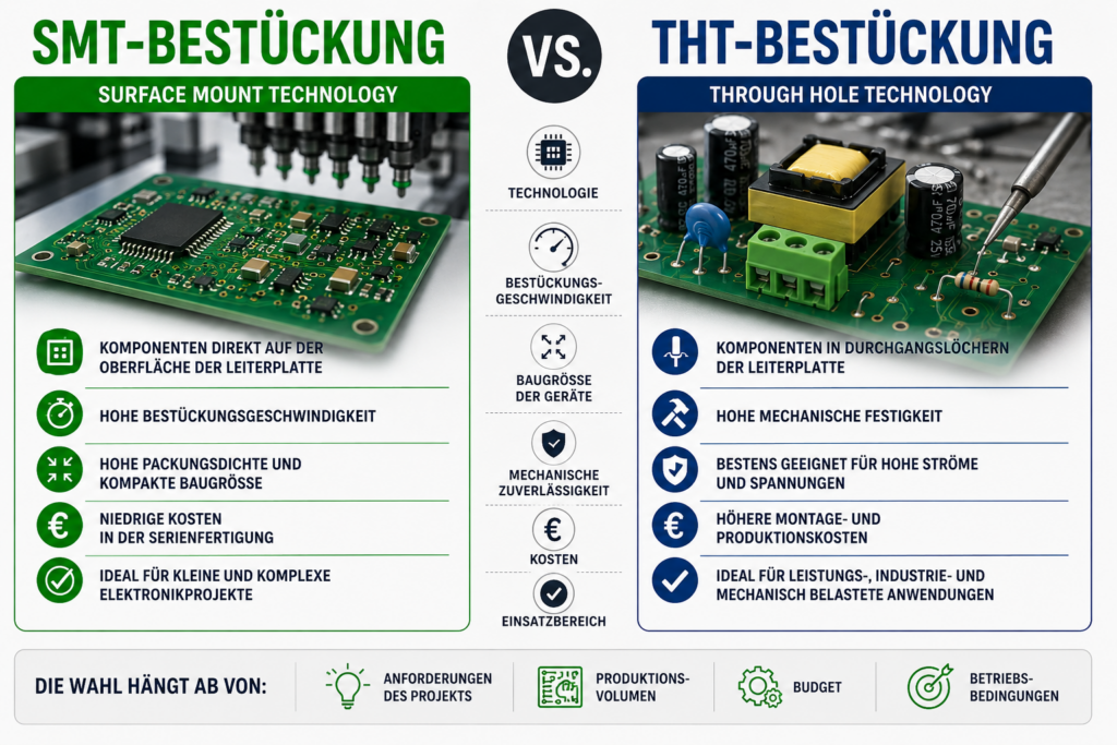 Vergleich von SMT- und THT-Bestückung – Infografik mit Vorteilen, Nachteilen, Kosten, Produktionsgeschwindigkeit und typischen Anwendungen in der Elektronikfertigung