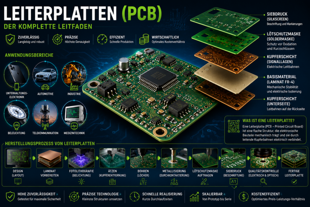 3D-Darstellung einer Leiterplatte PCB mit Kupferleiterbahnen, Durchkontaktierungen, elektronischen Bauteilen und visualisierten Schichten auf technischem Hintergrund.