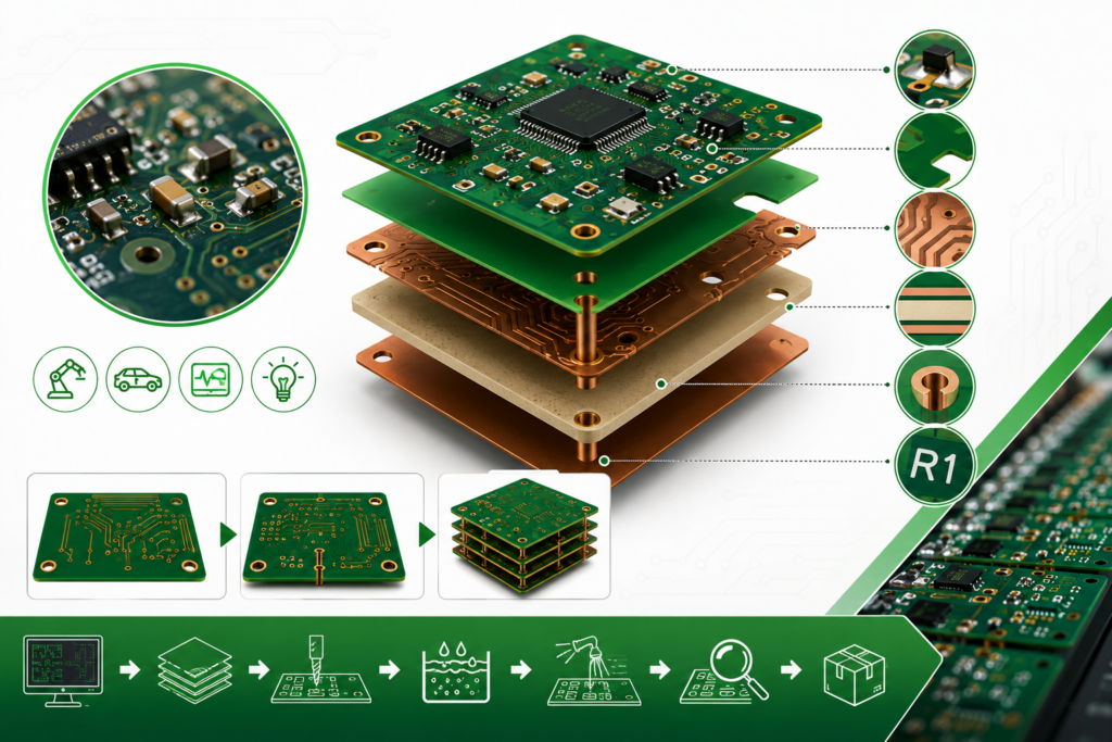 Aufbau einer Leiterplatte PCB – Grafik mit Laminatschichten, Kupferleiterbahnen, Lötpads, Durchkontaktierungen, elektronischen Bauteilen und PCB-Herstellungsprozess