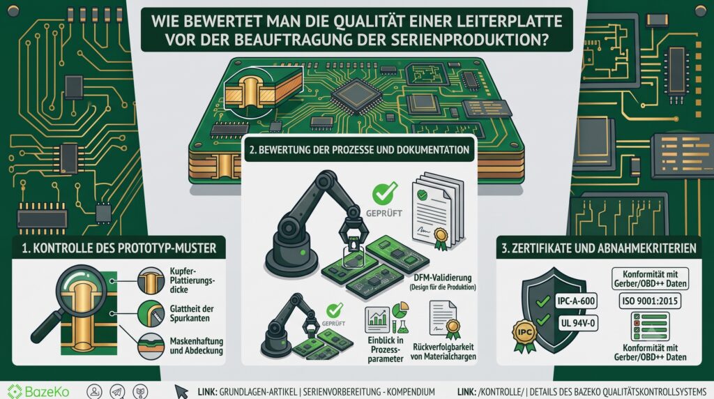 Detaillierte technische Infografik der Firma BazeKo mit dem Titel „Wie bewertet man die Qualität einer Leiterplatte vor der Beauftragung der Serienproduktion?“. Die Grafik ist w trzy Hauptabschnitte unterteilt. Abschnitt 1 zeigt die Prototypenkontrolle: Querschnitt einer Durchkontaktierung unter der Lupe, Analyse von Kupferdicke, Leiterbahnglätte und Lötstopplackenhaftung. Abschnitt 2 illustriert die Prozessbewertung: einen Bestückungsroboterarm, DFM-Validierung, Einblick w Prozessparameter und Materialchargen-Rückverfolgbarkeit. Abschnitt 3 präsentiert Zertifikate: ein Schutzschild mit IPC-A-600, ISO 9001:2015, UL 94V-0 Logos und eine Checkliste für die Konformität mit Gerber/OBD++ Daten. Unten ein Banner mit BazeKo-Kontaktdaten.