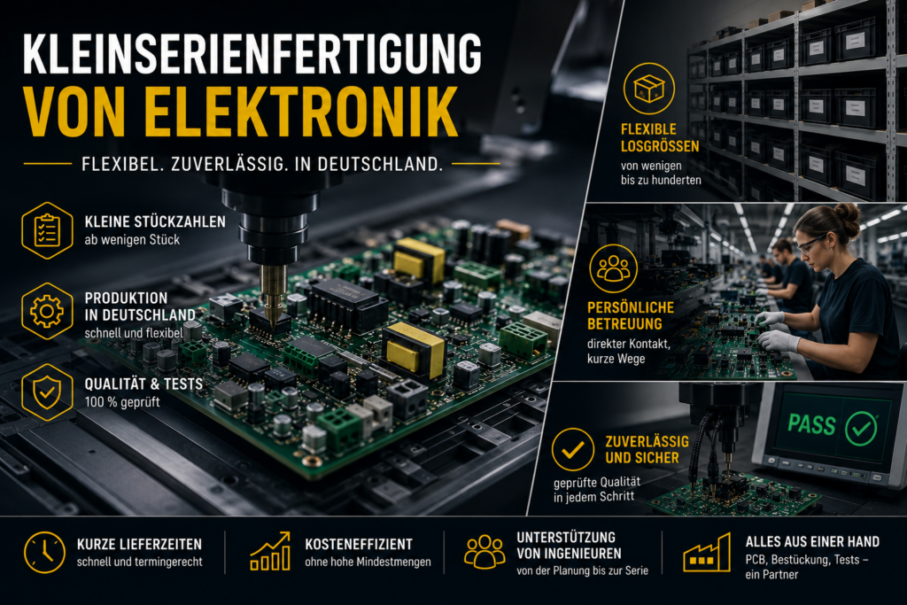 Kleinserienfertigung von Elektronik – Leiterplattenmontage (PCB) auf einer EMS-Produktionslinie mit SMT- und THT-Komponenten.