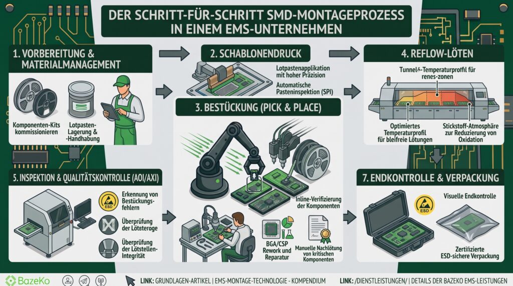 Umfassende technische Infografik der Firma BazeKo mit dem Titel „Schritt-für-Schritt SMD-Bestückungsprozess in einem EMS-Unternehmen“, dargestellt auf einem grünen PCB-Hintergrund. Die Illustration ist in 7 nummerierte Phasen mit polnischen Beschreibungen unterteilt. Stufe 1: Vorbereitung und Materialmanagement (Bauteilrollen, Lotpaste, Mitarbeiter). Stufe 2: Schablonendruck (Auftragen der Paste und SPI-Inspektion). Stufe 3: Bestückung Pick & Place (Roboterarm und BGA/CSP-Rework-Station). Stufe 4: Reflow-Löten (Tunnelofen und Temperaturprofil). Stufe 5: Qualitätskontrolle und Inspektion (AOI/AXI-Maschine mit Überwachung von Fehlern, Lot und Integrität). Stufe 7: Endkontrolle und Verpackung (Leiterplatte im Koffer und ESD-sicherer Verpackung). Unten BazeKo-Logo und Links zum EMS-Technologie-Kompendium.