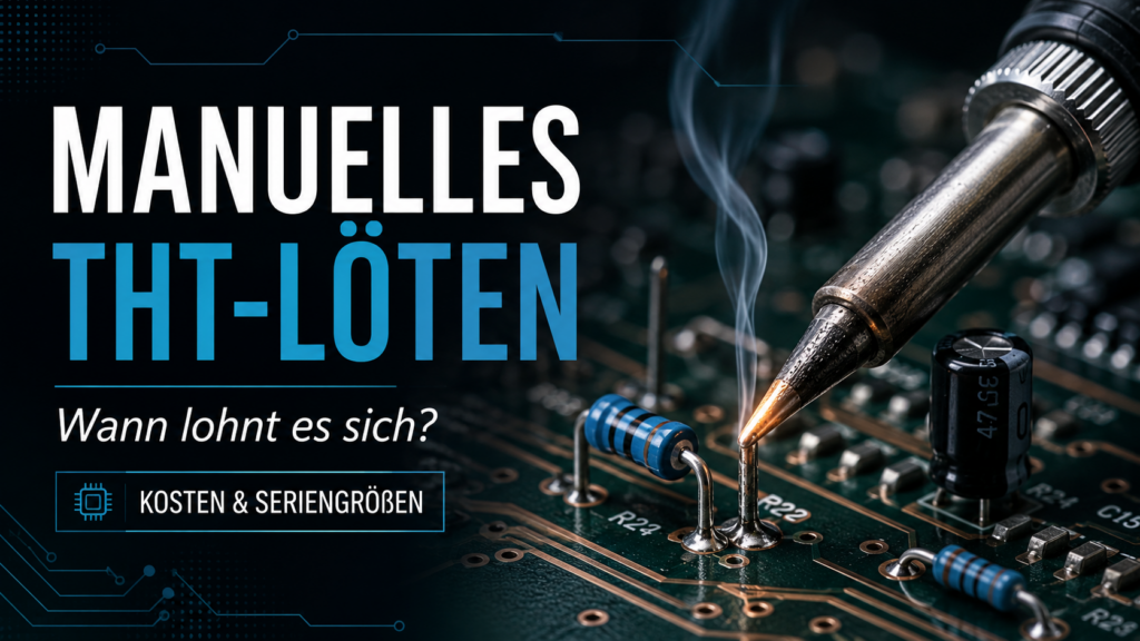 Grafik zum manuellen THT-Löten mit Lötkolben an einer Leiterplatte, mit dem Titel "Manuelles THT-Löten", der Frage "Wann lohnt es sich?" und dem Hinweis "Kosten & Seriengrößen".