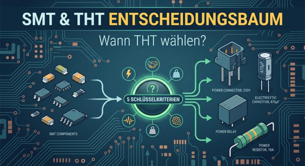 Infografik zum SMT & THT Entscheidungsbaum im PCB-Design mit Gegenüberstellung von SMT- und THT-Bauteilen auf einer Leiterplatte.