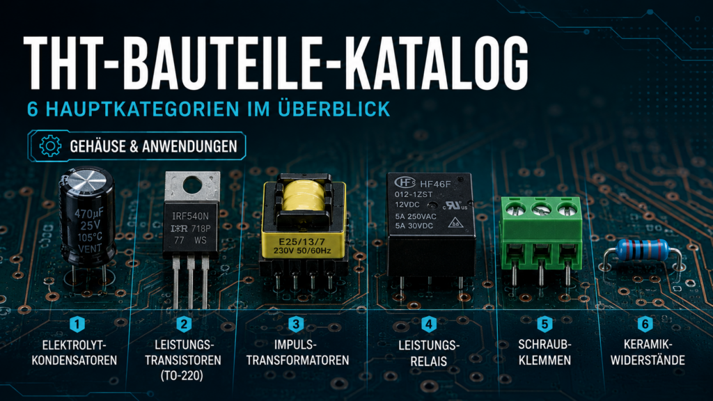 Infografik zum THT-Bauteile-Katalog mit Übersicht der 6 Hauptkategorien von Durchsteckbauteilen auf einer Leiterplatte.